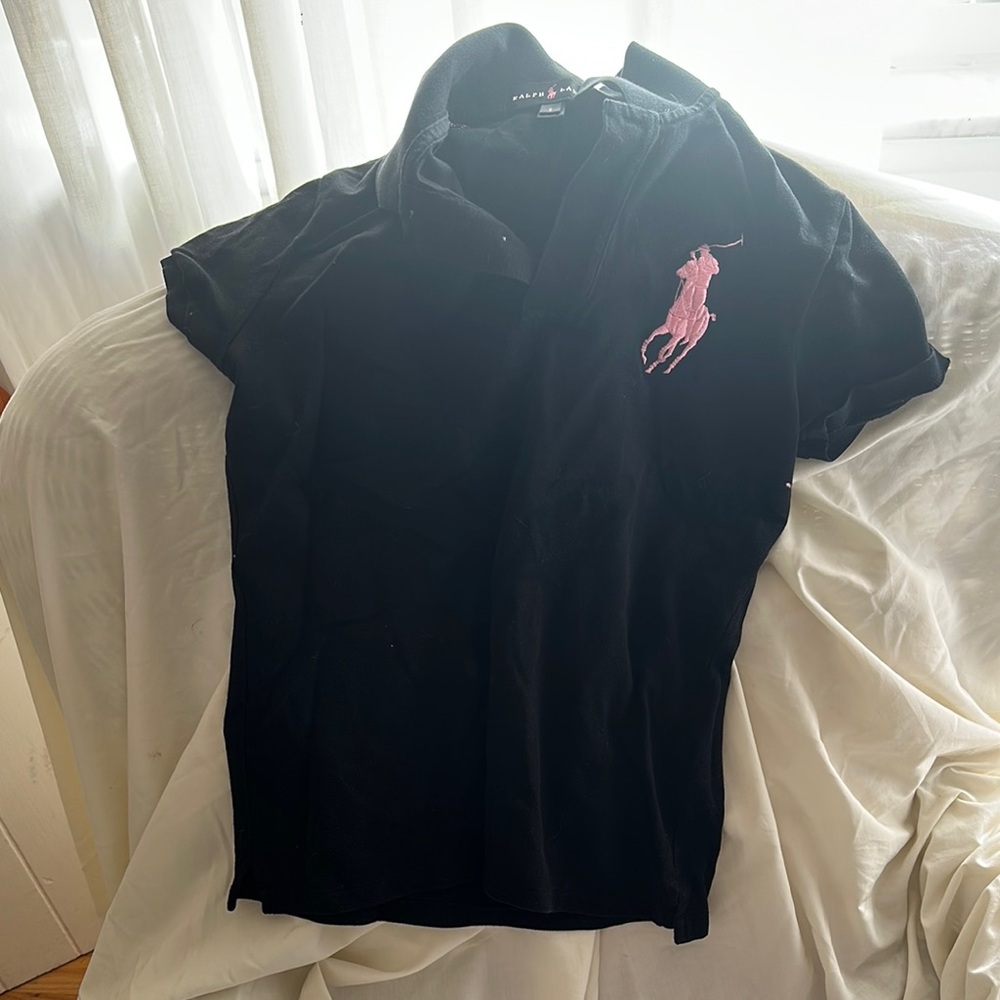 Black Kids Polo Shirt with Pink Logo